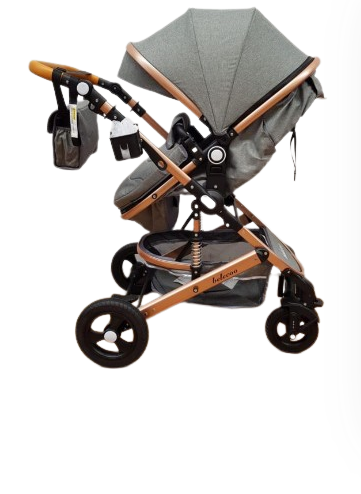 Carucior 2 in 1, Belecoo, cu maner protectie din piele, landou reversibil, geanta pentru accesorii, multifunctional, gri [9]