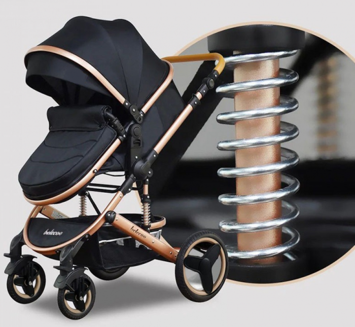 Carucior 2 in 1, Belecoo, cu maner protectie din piele, landou reversibil, geanta pentru accesorii, multifunctional, negru ebony [2]