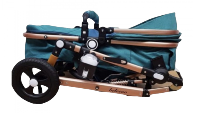 Carucior 2 in 1, Belecoo, cu maner protectie din piele, landou reversibil, geanta pentru accesorii, multifunctional, turquoise [10]