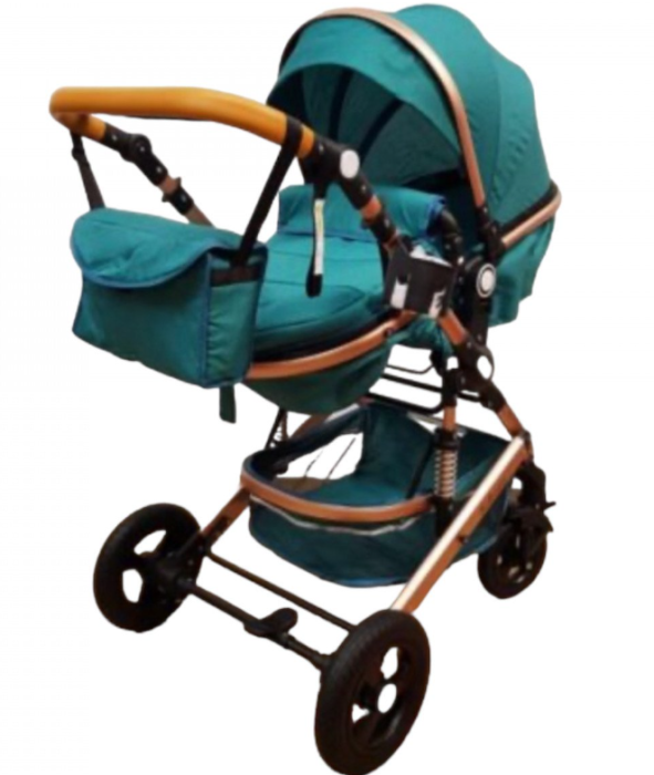 Carucior 2 in 1, Belecoo, cu maner protectie din piele, landou reversibil, geanta pentru accesorii, multifunctional, turquoise [8]