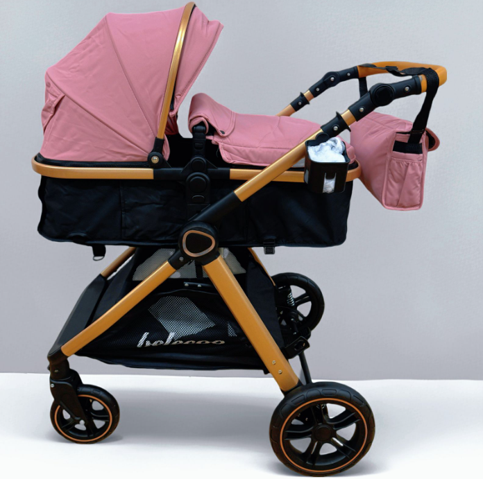 Carucior 2 in 1, Cu landou Reversibil, copertina extensibila, Element dublu de sustinere, geanta pentru scutece, Belecoo, Roz cu negru [2]