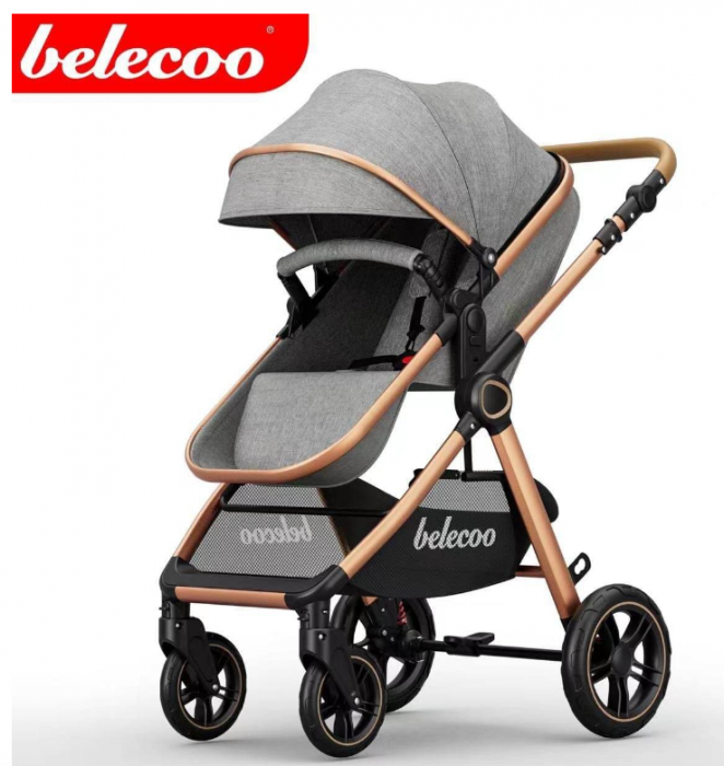 Carucior 2 in 1, Cu landou Reversibil, copertina extensibila, geanta pentru scutece, Belecoo Gri [2]