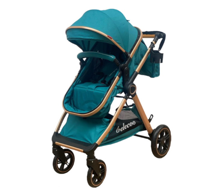 Carucior 2 in 1, Cu landou Reversibil, copertina extensibila, geanta pentru scutece, Belecoo, Turcoaz [5]