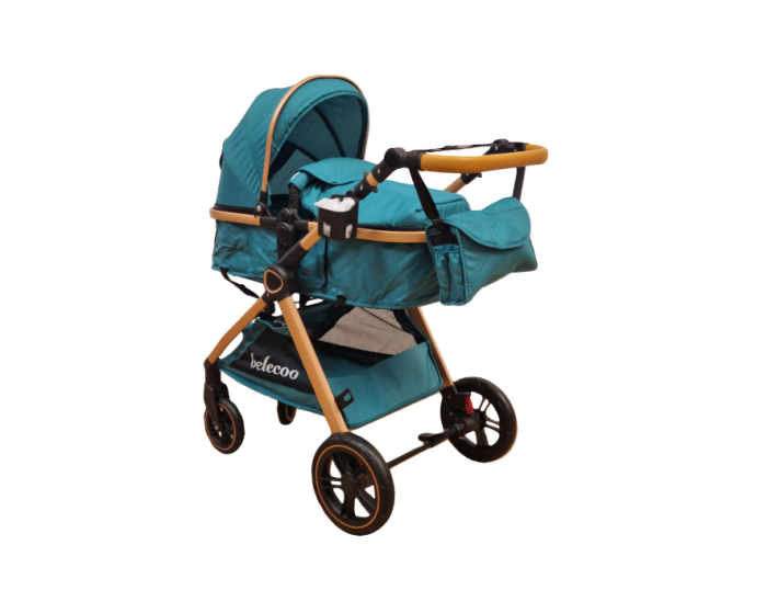 Carucior 2 in 1, Cu landou Reversibil, copertina extensibila, geanta pentru scutece, Belecoo, Turcoaz [2]