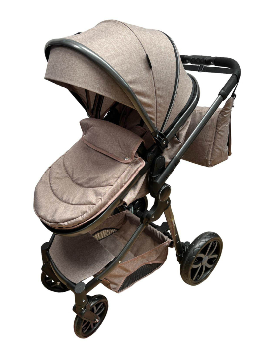 Carucior 2 in 1, Cu landou Reversibil, copertina extensibila, geanta pentru scutece, strangere compacta, plasa de insecte si saltea bambus, bej [6]