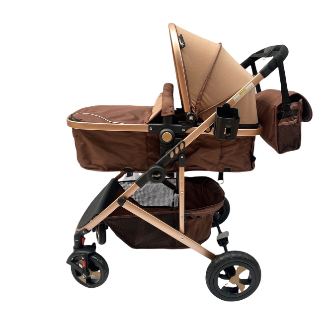 Carucior 2 in 1, Cu landou Reversibil, copertina extensibila, geanta pentru scutece, strangere compacta, plasa de insecte si saltea bambus, bej [2]