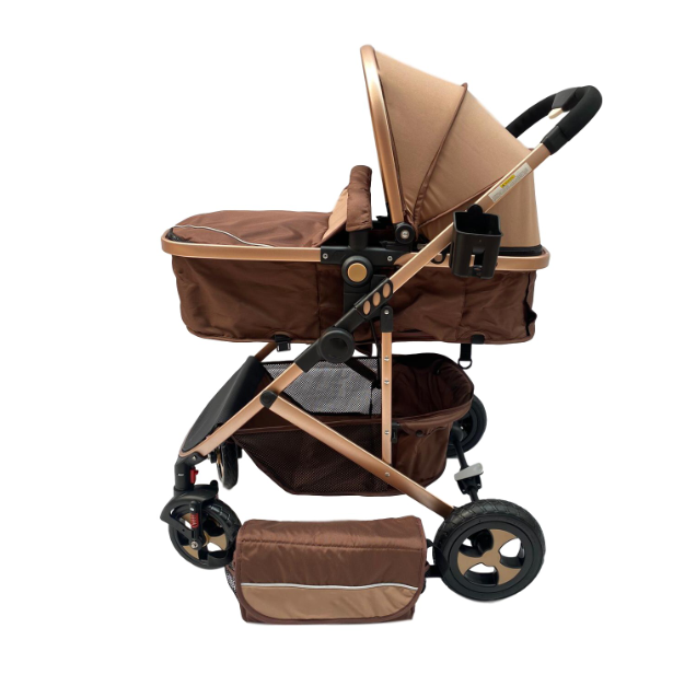 Carucior 2 in 1, Cu landou Reversibil, copertina extensibila, geanta pentru scutece, strangere compacta, plasa de insecte si saltea bambus, bej [4]