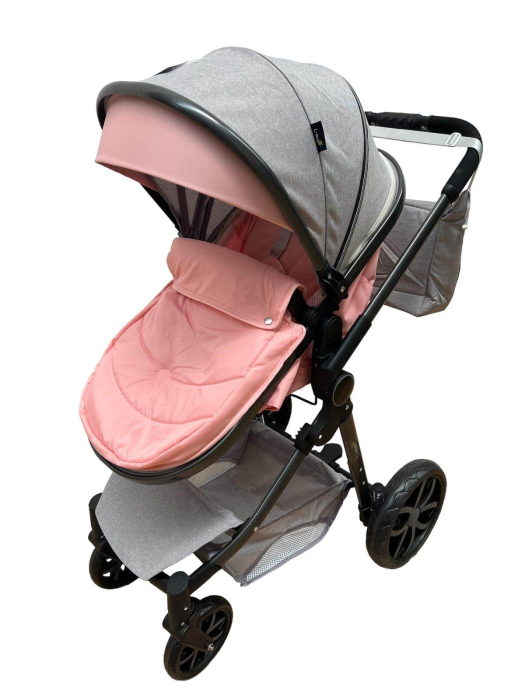 Carucior 2 in 1, Cu landou Reversibil, copertina extensibila, geanta pentru scutece, strangere compacta, plasa de insecte si saltea bambus, roz [2]