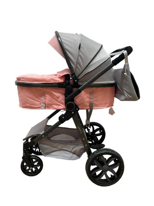 Carucior 2 in 1, Cu landou Reversibil, copertina extensibila, geanta pentru scutece, strangere compacta, plasa de insecte si saltea bambus, roz [3]