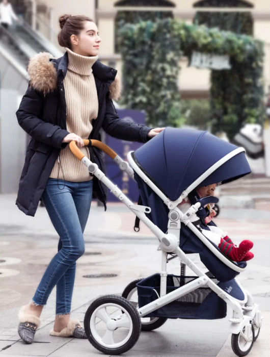 Carucior, 2 in 1, Cu landou Reversibil, Silver frame, Dubla Suspensie pe roata si pe cadru, Geanta pentru scutece, Argintiu/Albastru [3]