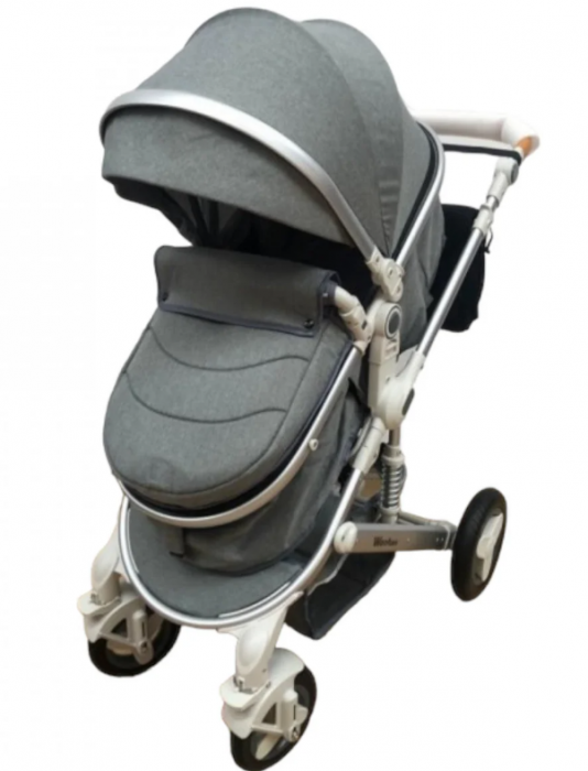 Carucior, 2 in 1, Cu landou Reversibil, Material anti-UV, Roata antieroziune, Suport Accesorii, Dubla Suspensie pe roata si pe cadru, Geanta pentru scutece, Bej Platina [2]