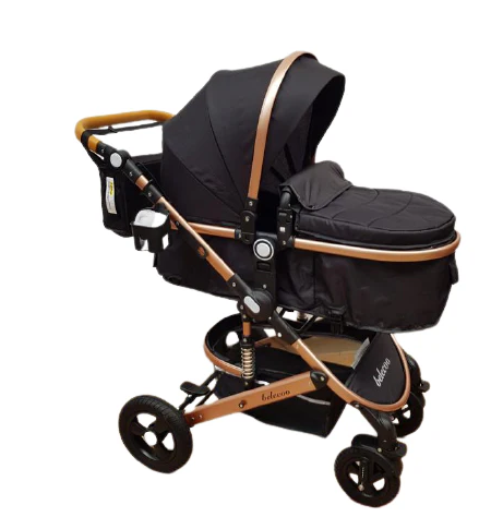 Carucior, 2 in 1, Cu landou Reversibil,Material anti-UV, Roata antieroziune, Suport Accesorii, Dubla Suspensie pe roata si pe cadru, Geanta pentru scutece, Bej/Negru [3]