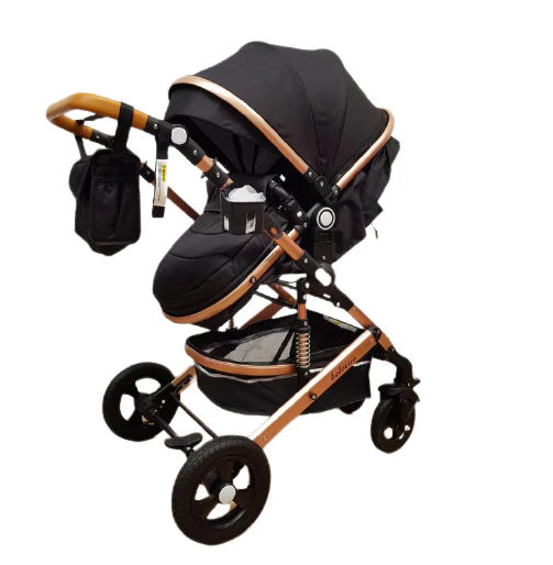 Carucior, 2 in 1, Cu landou Reversibil,Material anti-UV, Roata antieroziune, Suport Accesorii, Dubla Suspensie pe roata si pe cadru, Geanta pentru scutece, Bej/Negru [4]