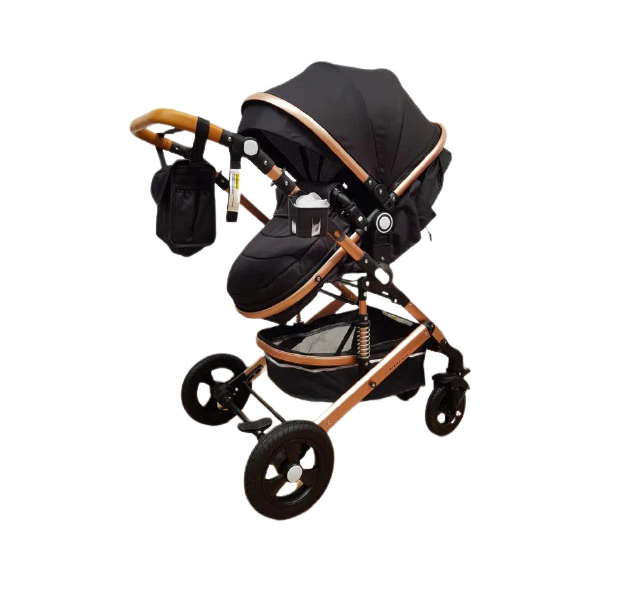 Carucior, 2 in 1, Cu landou Reversibil,Material anti-UV, Roata antieroziune, Suport Accesorii, Dubla Suspensie pe roata si pe cadru, Geanta pentru scutece, Bej/Negru [4]