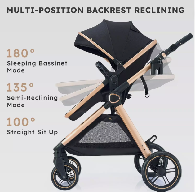 Carucior 2 in 1, Cu landou Reversibil, Material anti-UV, Roata antieroziune, Suport Accesorii, Dubla Suspensie pe roata si pe cadru, Geanta pentru scutece Negru havana [6]