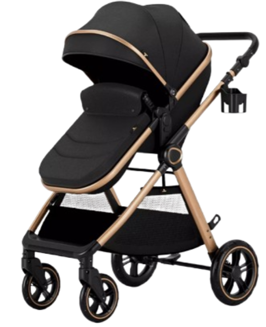 Carucior 2 in 1, Cu landou Reversibil, Material anti-UV, Roata antieroziune, Suport Accesorii, Dubla Suspensie pe roata si pe cadru, Geanta pentru scutece Negru havana [2]