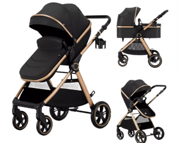Carucior 2 in 1, Cu landou Reversibil, Material anti-UV, Roata antieroziune, Suport Accesorii, Dubla Suspensie pe roata si pe cadru, Geanta pentru scutece Negru havana [1]
