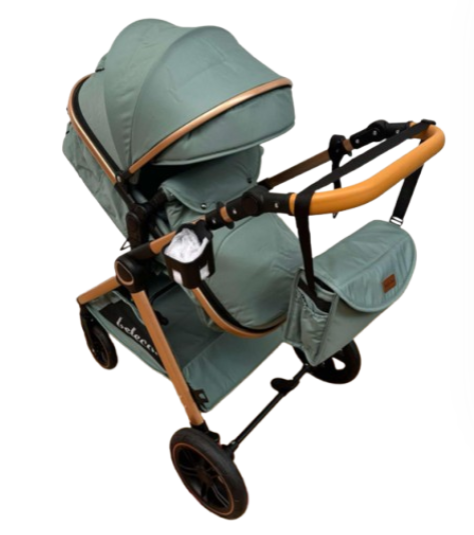 Carucior 2 in 1, Suspensie dubla pe roata, Geanta inclusa, strangere compacta, Belecoo, Verde army [5]