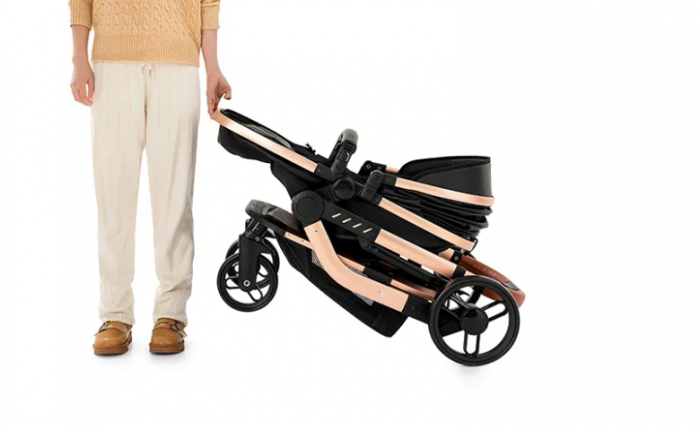 Carucior 2 in 1, Cu landou Reversibil, Material anti-UV si rezistent la umiditate, Roata antieroziune, Cadru metalic ranforsat, Geanta pentru scutece, negru [8]