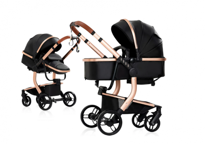 Carucior 2 in 1, Cu landou Reversibil, Material anti-UV si rezistent la umiditate, Roata antieroziune, Cadru metalic ranforsat, Geanta pentru scutece, negru [3]