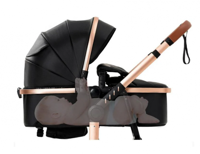 Carucior 2 in 1, Cu landou Reversibil, Material anti-UV si rezistent la umiditate, Roata antieroziune, Cadru metalic ranforsat, Geanta pentru scutece, negru [5]