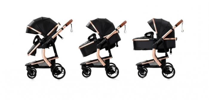 Carucior 2 in 1, Cu landou Reversibil, Material anti-UV si rezistent la umiditate, Roata antieroziune, Cadru metalic ranforsat, Geanta pentru scutece, negru [4]