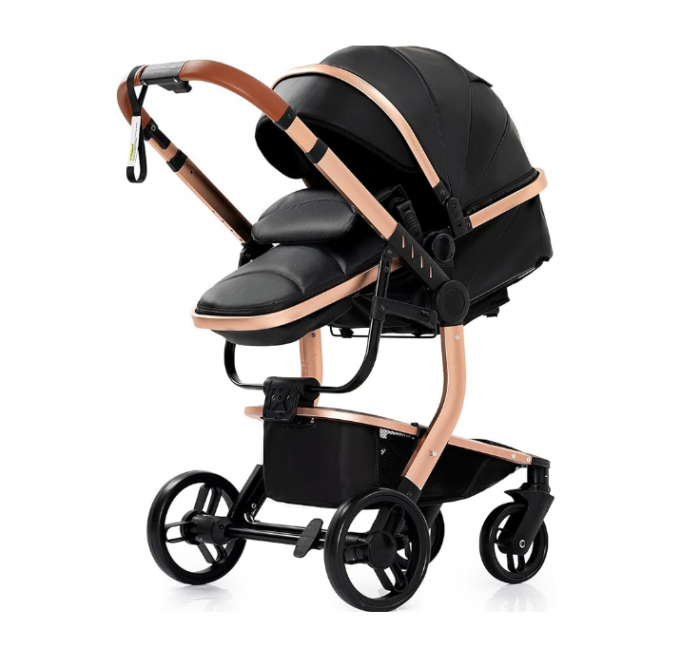 Carucior 2 in 1, Cu landou Reversibil, Material anti-UV si rezistent la umiditate, Roata antieroziune, Cadru metalic ranforsat, Geanta pentru scutece, negru [2]