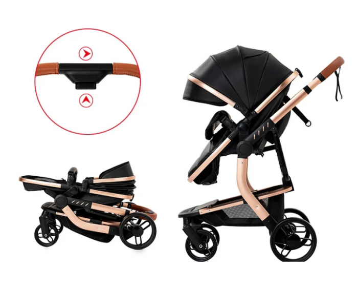 Carucior 2 in 1, Cu landou Reversibil, Material anti-UV si rezistent la umiditate, Roata antieroziune, Cadru metalic ranforsat, Geanta pentru scutece, negru [7]
