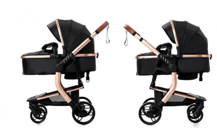 Carucior 2 in 1, Cu landou Reversibil, Material anti-UV si rezistent la umiditate, Roata antieroziune, Cadru metalic ranforsat, Geanta pentru scutece, negru [6]