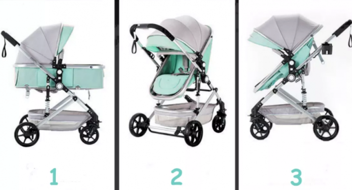 Carucior 2 in 1, Cu suspensii duble, Geanta pentru accesorii, Viziera de vara inclusa, vernil [2]