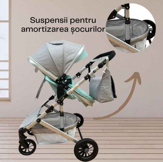 Carucior 2 in 1, Cu suspensii duble, Geanta pentru accesorii, Viziera de vara inclusa, vernil [5]