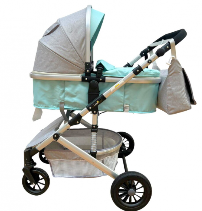 Carucior 2 in 1, Cu suspensii duble, Geanta pentru accesorii, Viziera de vara inclusa, vernil [4]