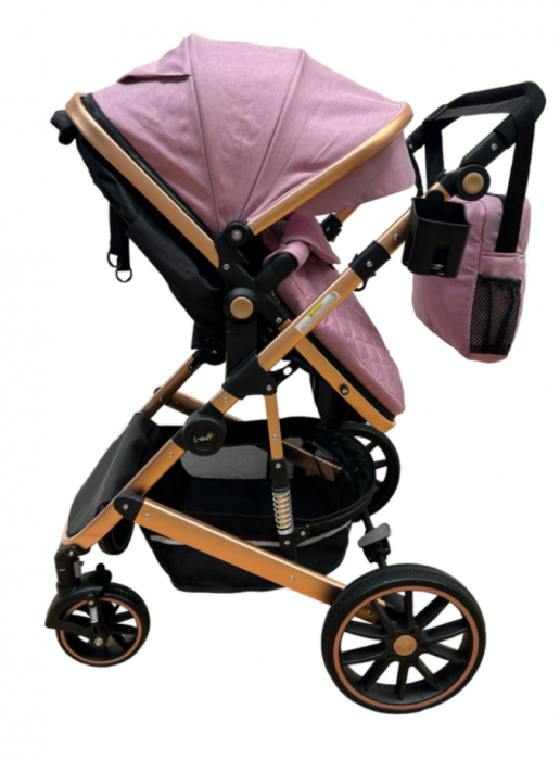 Carucior 2 in 1, dubla suspensie, matlasat, Bubu-Still Sun, 0-36 luni, Roz [5]