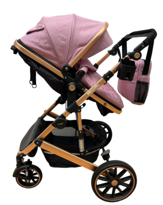 Carucior 2 in 1, dubla suspensie, matlasat, Bubu-Still Sun, 0-36 luni, Roz [6]