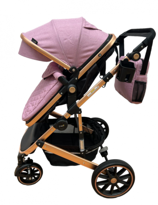 Carucior 2 in 1, dubla suspensie, matlasat, Bubu-Still Sun, 0-36 luni, Roz [4]