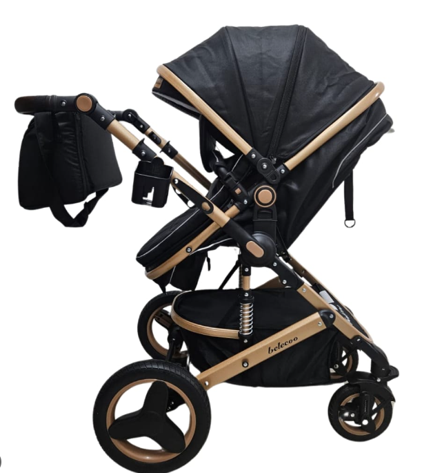 Carucior 2 in 1, Dubla suspensie pe roata si cadru , Geanta inclusa, Plasa de tantari inclusa, Belecoo, Roata cauciuc, negru [6]