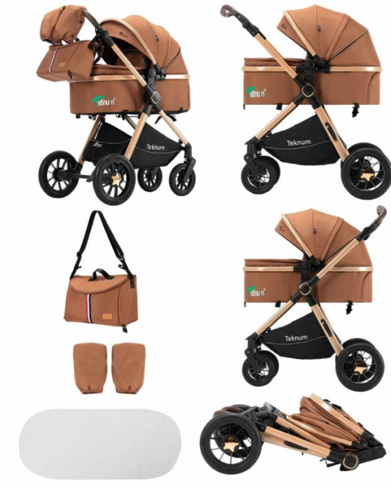 Carucior 2 in 1, Teknum, Modul sport transformabil din landou, Plasa de insecte, saltea si geanta de scutece, Manusi de protectie, Maro [4]