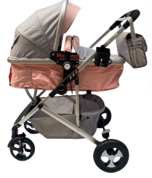 Carucior 2 in 1,Modul sport transformabil din landou,Plasa de insecte si geanta de scutece,Dubla suspensie pe roata,Gri/Roz [3]