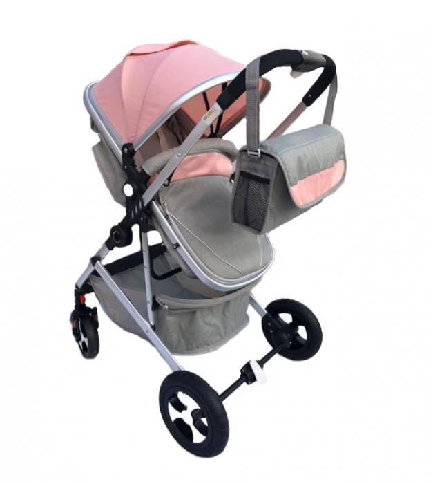 Carucior 2 in 1,Modul sport transformabil din landou,Plasa de insecte si geanta de scutece,Dubla suspensie pe roata,Gri/Roz [2]