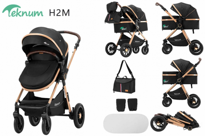 Carucior 2 in 1, Teknum, Modul sport transformabil din landou, Plasa de insecte, saltea si geanta de scutece, Manusi de protectie, Negru [2]