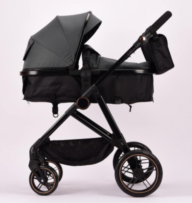 Carucior 2 in 1, Landou reversibil, 0-36 luni, roti off-road, Geanta pentru scutece, Pliere ultracompacta, Negru cu gri [5]