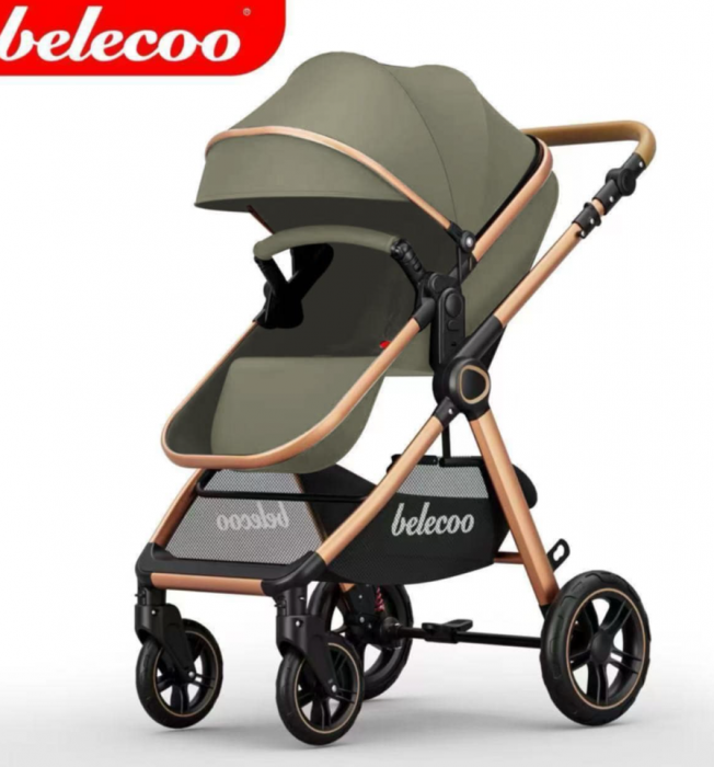 Carucior 2 in 1, Suspensie dubla pe roata, Geanta inclusa, strangere compacta, Belecoo, kaki [2]