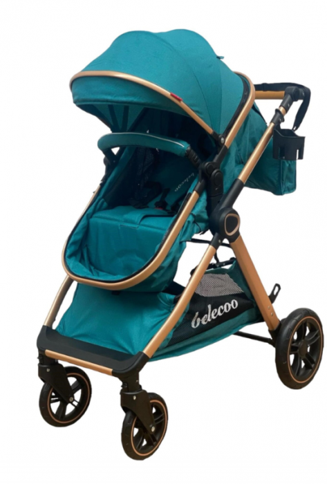 Carucior 2 in 1, Suspensie dubla pe roata, Geanta inclusa, strangere compacta, Bubu-Still, turcoaz [5]