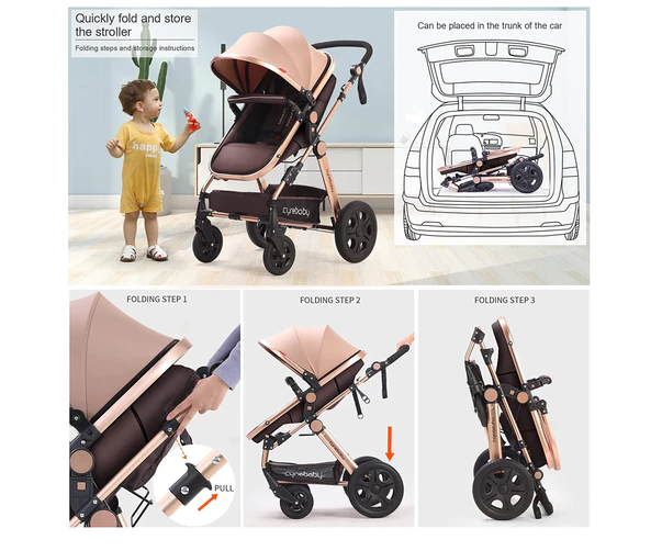 Carucior 2 in 1, Suspensie dubla pe roata, Geanta inclusa, strangere compacta, Bubu-Still, bej [2]