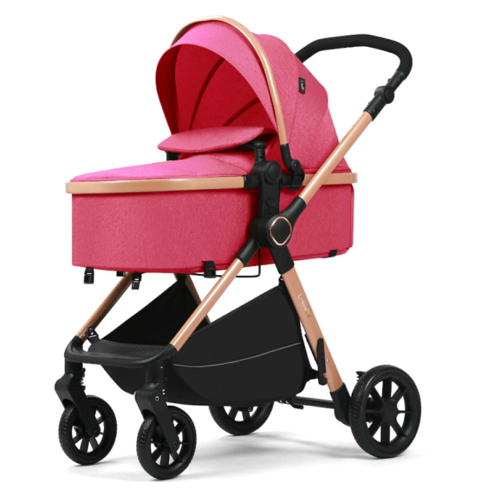 Carucior 2 in 1, Suspensie dubla pe roata, Geanta inclusa, strangere compacta, Bubu-Still, Roz [4]