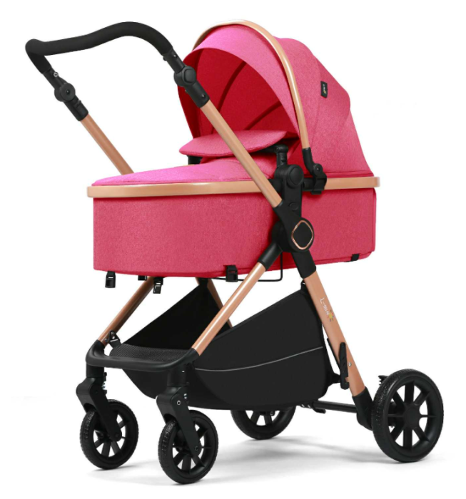 Carucior 2 in 1, Suspensie dubla pe roata, Geanta inclusa, strangere compacta, Bubu-Still, Roz [5]