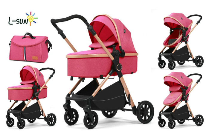 Carucior 2 in 1, Suspensie dubla pe roata, Geanta inclusa, strangere compacta, Bubu-Still, Roz [1]