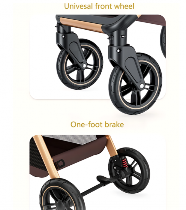 Carucior 2 in 1, Suspensie dubla pe roata, Geanta inclusa, strangere compacta, Bubu-Still, Roz pudra cu negru [8]