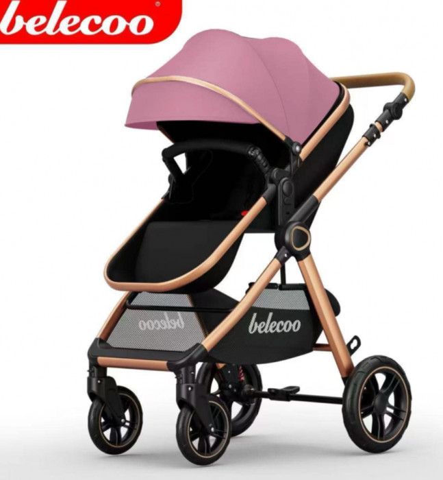 Carucior 2 in 1, Suspensie dubla pe roata, Geanta inclusa, strangere compacta, Bubu-Still, Roz pudra cu negru [2]