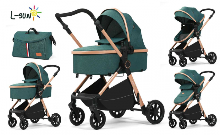 Carucior 2 in 1, Suspensie dubla pe roata, Geanta inclusa, strangere compacta, Maner reversibil [1]